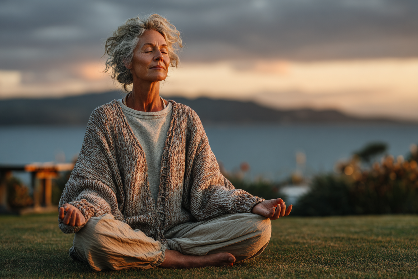 Група възрастни хора практикуват йога на открито